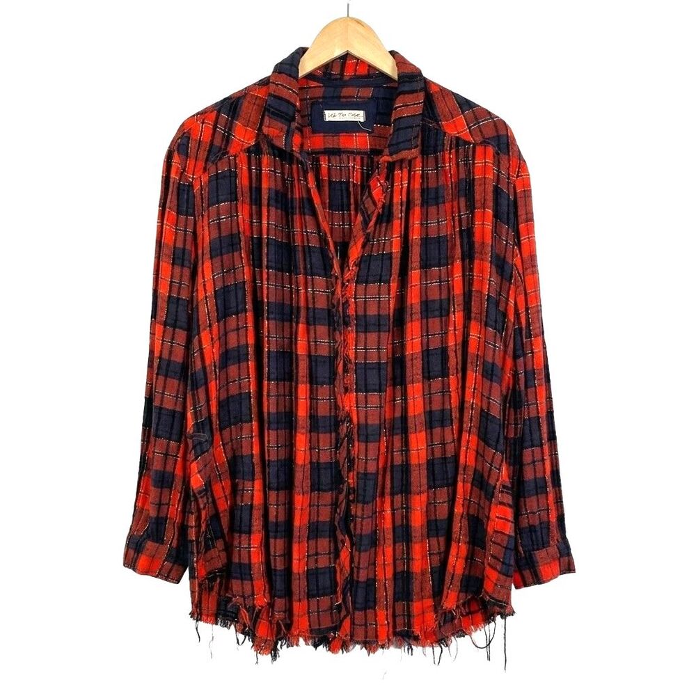 We The Free People Plaid Shirt Womens Oversized Red Black Boho Frayed Hem Lurex